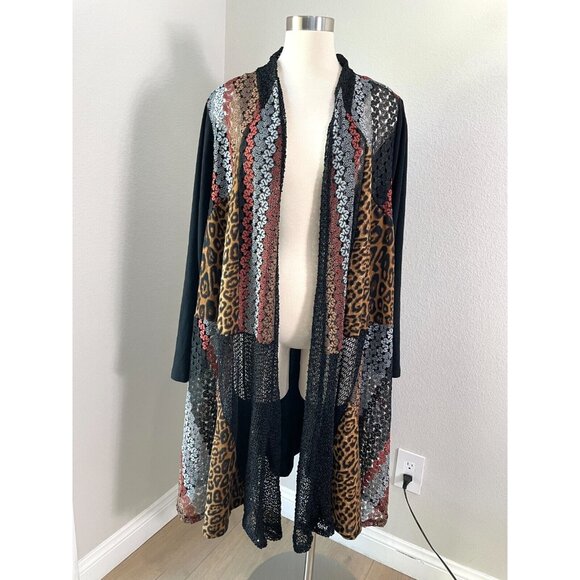Avenue Sweaters - Avenue Womens Plus 26/28 Cardigan Duster‎ Mix Media Animal Print Lace Mid Length